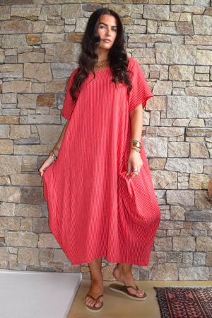 Salcombe Chalk Stripe Cotton Cocoon Dress Chilli